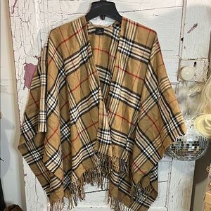 V. FRAAS Tan and Red Plaid Poncho OSFM 100% Acrylic